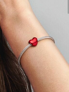 Pandora Red Metallic Heart Charm S925 Authentic Enamel Bracelet Necklace